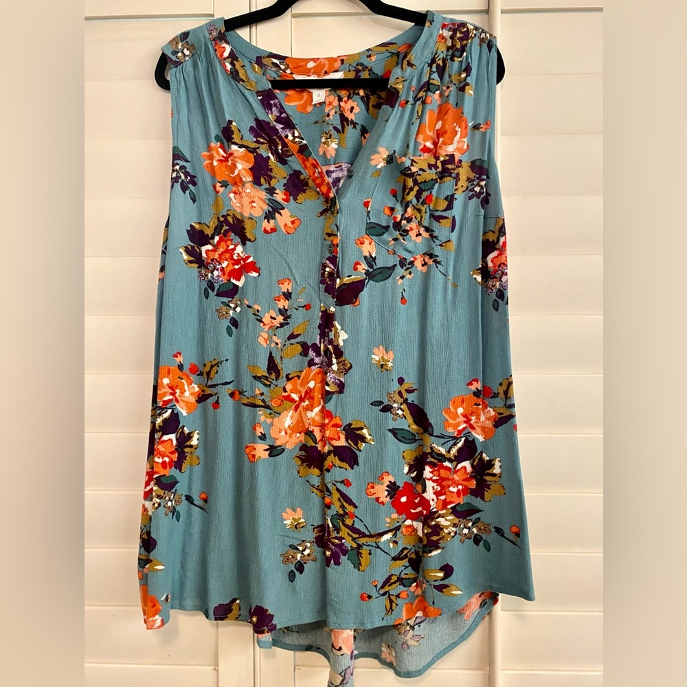 Market & Spruce Prat Henley Shirt Tail Tank Top Teal Floral Size 1X
